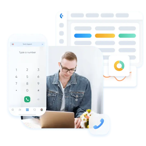 Illustration vectorielle d'un logiciel de téléphonie avec une personne et un dashboard