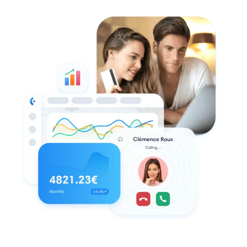 Illustration vectorielle de d'un logiciel de téléphoie pour expliquer la tarification, avec une image d'une personne qui tiens une carte de crédit