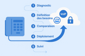Schéma vectoriel montrant une transition d’un standard téléphonique traditionnel vers une solution cloud, avec 5 étapes numérotées (diagnostic, définition des besoins, comparaison, déploiement, suivi) et des icônes symbolisant VoIP, CRM et sécurité.