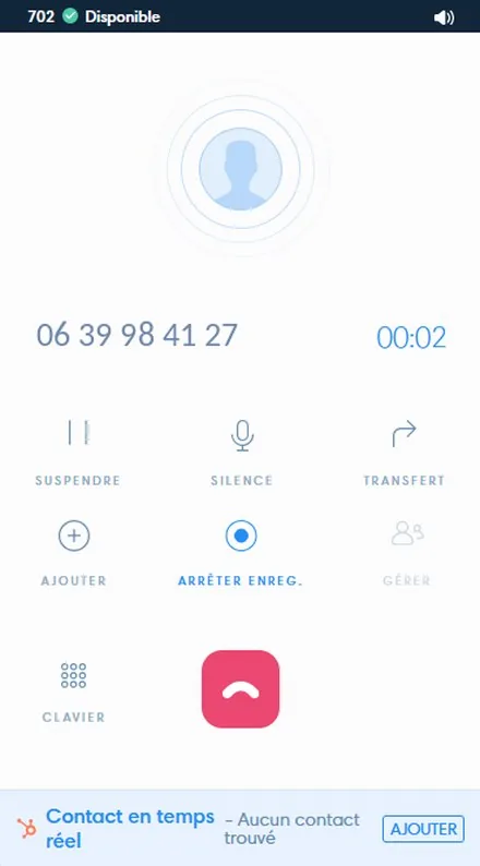 Appel en cours dans le webphone Kavkom sur ordinateur, données de démonstration