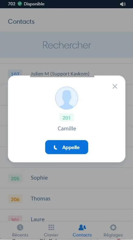 Répertoire du webphone Kavkom, données de démonstration